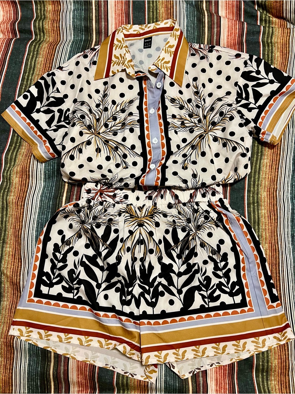 Cream and Black Botanical Polka-Dot Top and Short Set